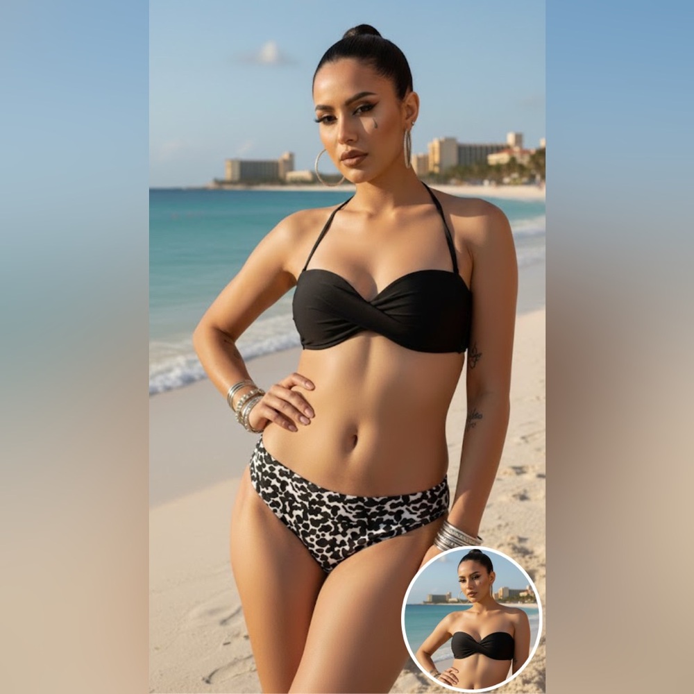 NWT Bandeau Bikini Swimsuit black top Mid Rise cheetah Bottom Large Time and tru